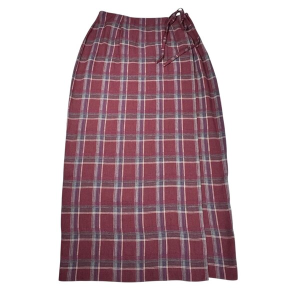 VTG Bonnie & Norma Plaid Wrap Midi Skirt Sz.M Burgundy Tartan Academia 90s Y2K - Picture 13 of 15